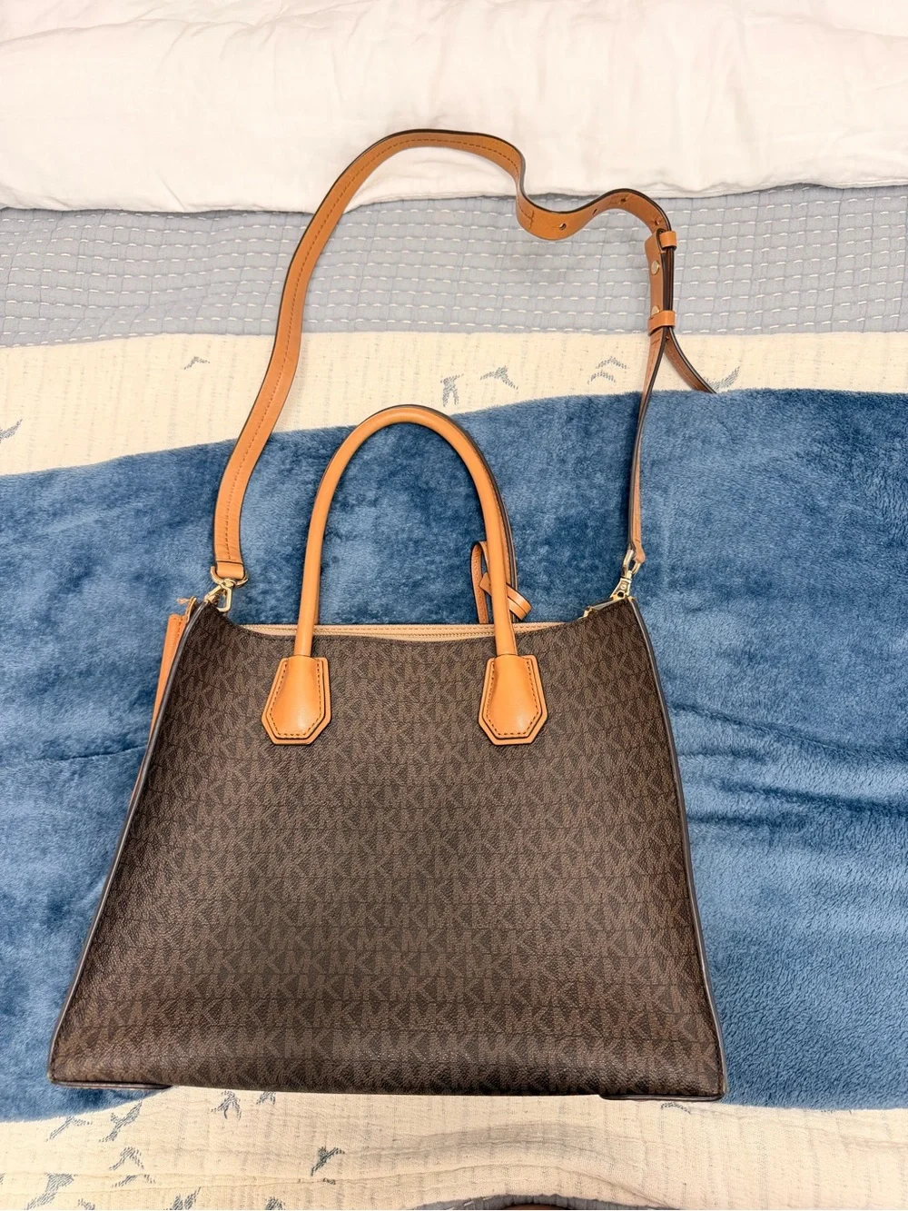 Michael Kors Brown MK Logo Satchel with Tan Trim